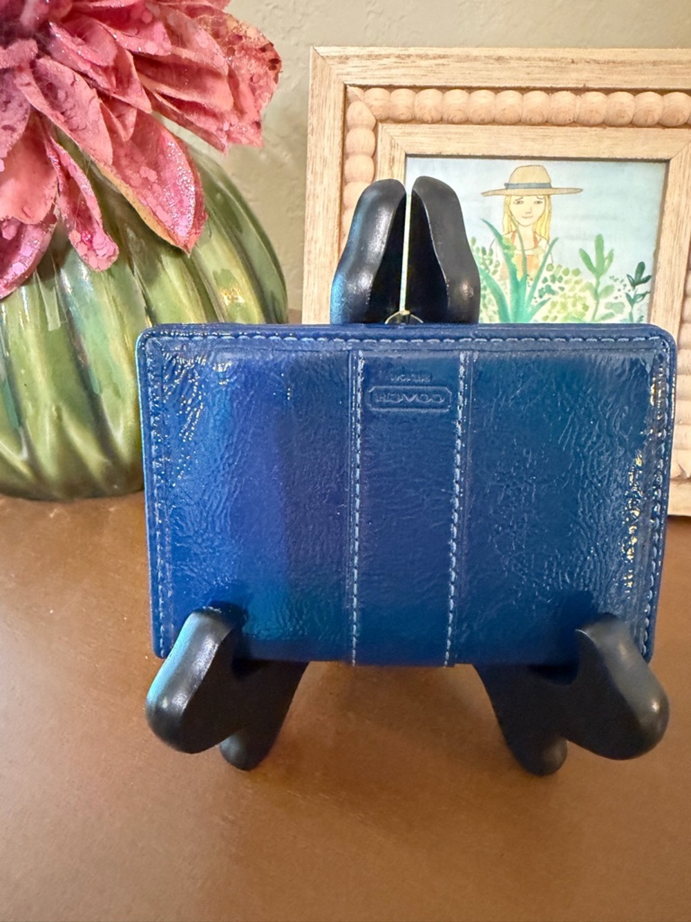 Coach Glossy Blue Patent Leather Card Case with Hot Pink Interior- GUC